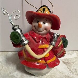 Snowman Fireman Christmas tree ornament Holding Hose Roman Inc 2004